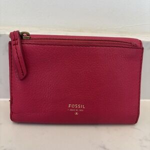 Vintage Fossil Small Pink Leather Wallet Gold Fossil Marking‎ Many Compartments